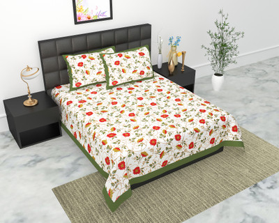 Navkar Creation 104 TC Cotton Double Jaipuri Prints Flat Bedsheet(Pack of 1, White)