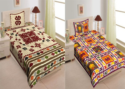 Ubania Collection 140 TC Cotton Single Jaipuri Prints Flat Bedsheet(Pack of 2, Multicolor)