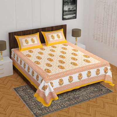 Indian Royal Fashion Cotton Double Flat 144 TC Printed Bedsheet(Pack of 1, Yellow)