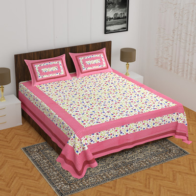 Home@shop Cotton Double Flat 144 TC Floral Bedsheet(Pack of 1, Pink)
