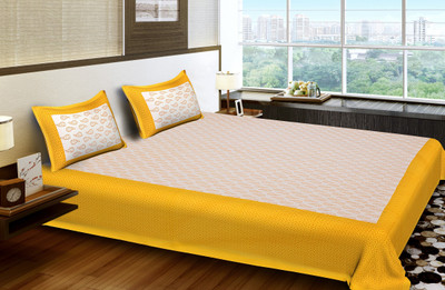 E ELMA 120 TC Cotton Double Printed Flat Bedsheet(Pack of 1, Yellow)