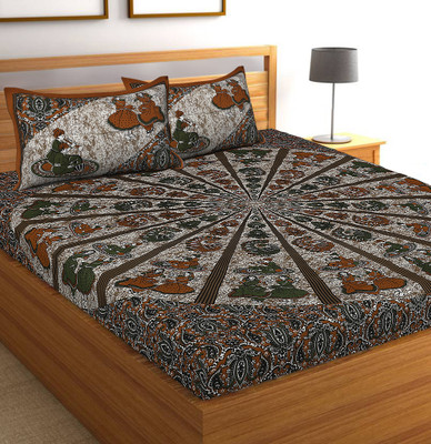 CLOTHSIDE 144 TC Cotton Double Jaipuri Prints Flat Bedsheet(Pack of 1, Brown)