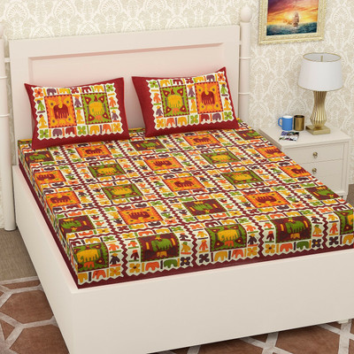 PETROSOLY 144 TC Cotton Queen Jaipuri Prints Flat Bedsheet(Pack of 1, Red)