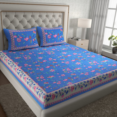 Cosito 144 TC Cotton Double Jaipuri Prints Flat Bedsheet(Pack of 1, Blue)