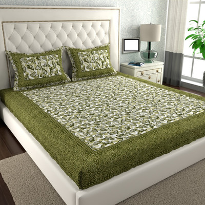Cosito 144 TC Cotton Double Jaipuri Prints Flat Bedsheet(Pack of 1, Green)