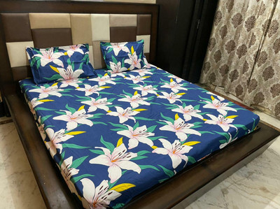 TURIYA Microfiber Double Fitted (Elastic) 180 TC Floral Bedsheet(Pack of 1, Blue)