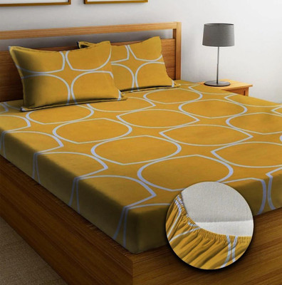 LX LOYREX 350 TC Cotton King Geometric Fitted (Elastic) Bedsheet(Pack of 1, YELLOW GOLA)