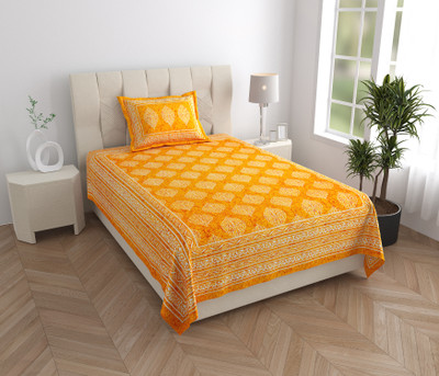Mandakini 140 TC Cotton Single Jaipuri Prints Flat Bedsheet(Pack of 1, Yellow)
