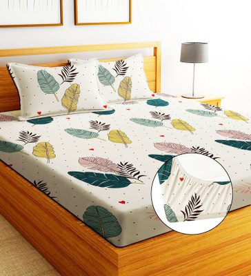 EXFAB Cotton King Fitted (Elastic) 244 TC Printed 1 Bedsheet with 2 Pillow Covers(Beige)