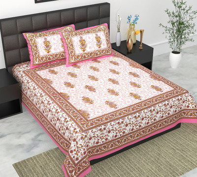 Navkar Creation 104 TC Cotton Double Jaipuri Prints Flat Bedsheet(Pack of 1, Pink)