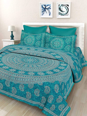 Cosito 144 TC Cotton Double Jaipuri Prints Flat Bedsheet(Pack of 1, Sea Green)