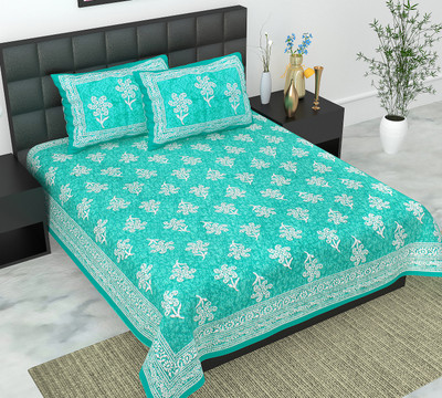 Navkar Creation 104 TC Cotton Double Jaipuri Prints Flat Bedsheet(Pack of 1, Green)