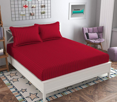 TURIYA Microfiber Double Fitted (Elastic) 180 TC Striped Bedsheet(Pack of 1, Red)
