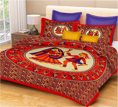 E ELMA 104 TC Cotton Double Printed Flat Bedsheet(Pack of 1, Red)