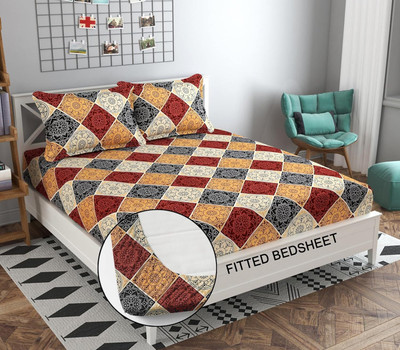 Home Garage 210 TC Cotton Double Self Design Fitted (Elastic) Bedsheet(Pack of 1, Maroon)