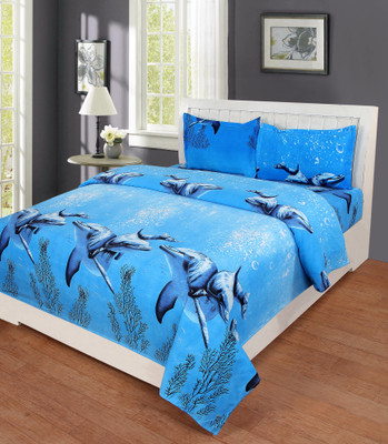 Creations@Home 110 TC Polycotton Double Animal Flat Bedsheet(Pack of 1, Blue)