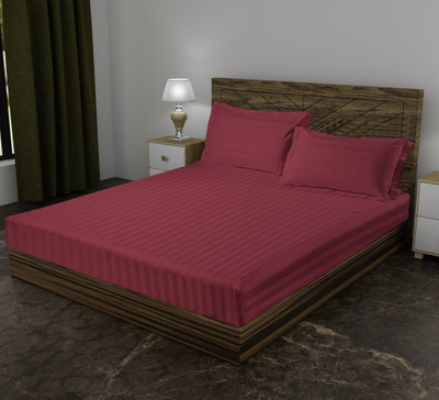 AJISH Cotton Single Fitted (Elastic) 300 TC Striped Bedsheet(Pack of 1, Pink)