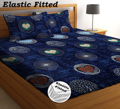 HOMYBEES 220 TC Cotton Double Abstract Fitted (Elastic) Bedsheet(Pack of 1, Blue, Orange)