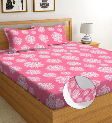 Moonroof Cotton King Fitted (Elastic) 255 TC Printed Bedsheet(Pack of 1, Pink, White_Floral)