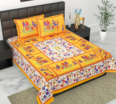 Indian Royal Fashion Cotton Double Flat 144 TC Jaipuri Prints Bedsheet(Pack of 1, Yellow)