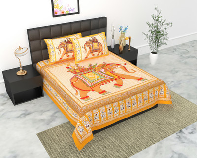 E ELMA 144 TC Cotton Double Jaipuri Prints Flat Bedsheet(Pack of 1, Yellow)