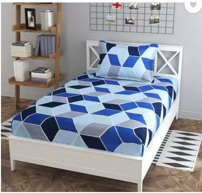 144 TC Polycotton Single Bedsheet(Pack of 1, Blue, Grey)