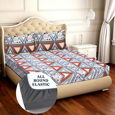 ZIPPYBIZ 300 TC Microfiber King Printed Fitted (Elastic) Bedsheet(Pack of 1, Multi Triangle)