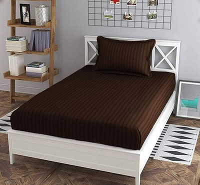 WUSA Satin Single Flat 210 TC Striped Bedsheet(Pack of 1, Brown)