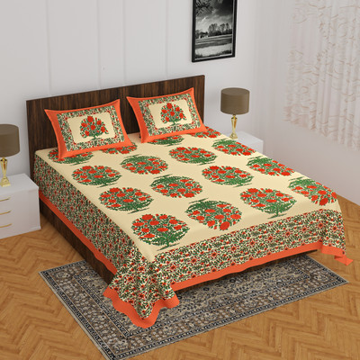 E ELMA Cotton Double Flat 144 TC Printed Bedsheet(Pack of 1, Orange)