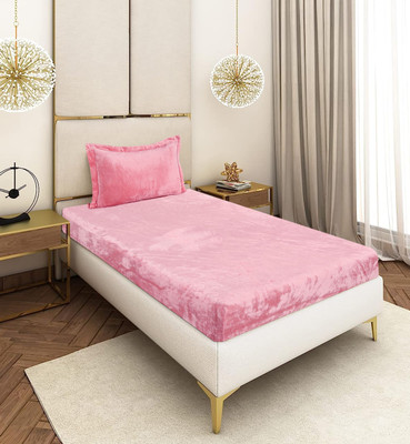BM Decor Velvet Single Fitted (Elastic) 300 TC Solid Bedsheet(Pack of 1, Pink)