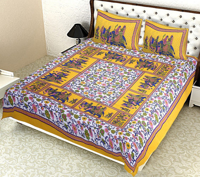 Maloni Creations Cotton Double Flat 144 TC Printed Bedsheet(Pack of 1, Yellow)