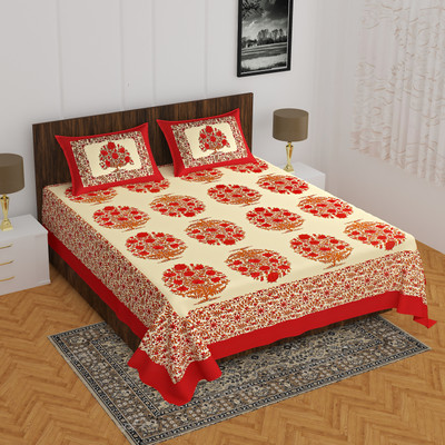 BATHAM HANDLOOM 104 TC Cotton Double Jaipuri Prints Flat Bedsheet(Pack of 1, Multicolor)