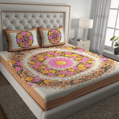 Cosito 144 TC Cotton Double Jaipuri Prints Flat Bedsheet(Pack of 1, Brown)
