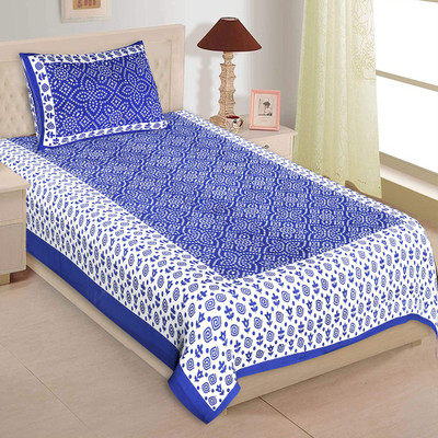 VNV Creation 180 TC Cotton Single Jaipuri Prints Flat Bedsheet(Pack of 1, Blue)