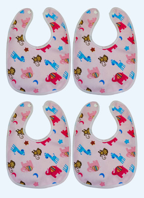 smilykid Baby Feeding Printed Cotton Apron Bibs Snap Button Backing Soft PVC Material(Pink-4 Pcs)