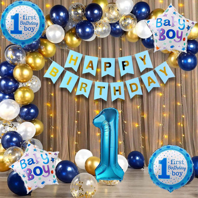 Aoes 1st Birthday Boy Decoration Kit – Blue, White & Gold Balloon Arch with Banner(Set of 40)