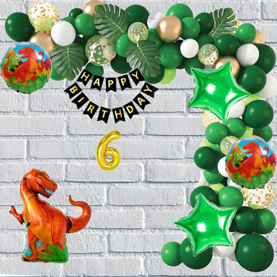 Aoes Dinosaur Theme 6th Birthday Decoration Kit Green, Gold & White Balloon & Banner(Set of 58)