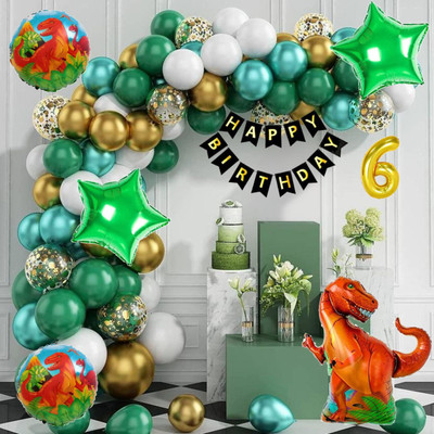 Aoes Dinosaur Theme 6th Birthday Decoration Kit Green, Gold & White Balloon & Banner(Set of 58)