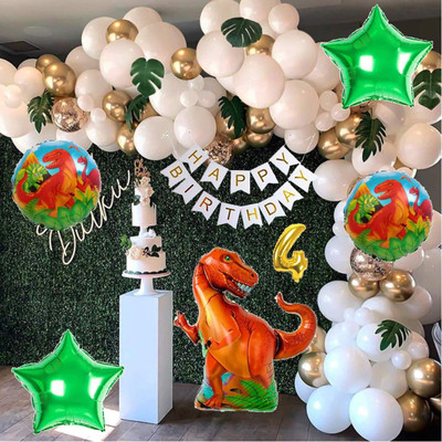 Aoes Dinosaur Theme 4th Birthday Decoration Kit – White & Gold Balloon Arch & Banner(Set of 53)