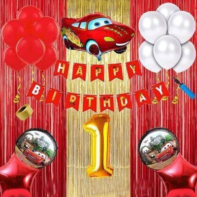 Kapoor stores Cars theme 1st Birthday Combo With Curtains,Banner,Cars 5pcs set for Kids