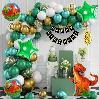 Aoes Dinosaur Theme 8th Birthday Decoration Kit Green, Gold & White Balloon & Banner(Set of 58)