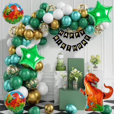 Aoes Dinosaur Theme Birthday Decoration Kit Green, Gold & White Balloon Arch & Banner(Set of 57)