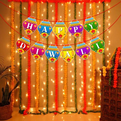 ZYOZI Multicolor Diwali Decorations Kit - Diwali Banner And Rice Light (Pack Of 2)