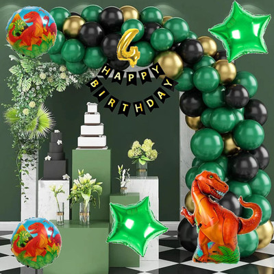 Aoes Dinosaur Theme 4th Birthday Decoration Kit – Green, Black & Gold Balloon Arch(Set of 49)