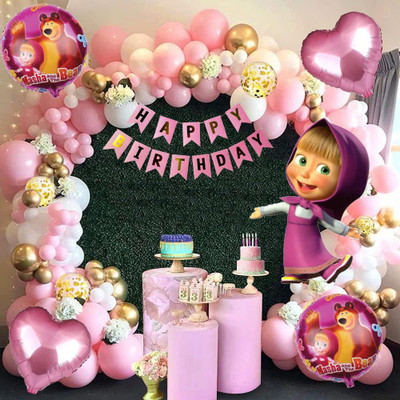 Aoes Masha and The Bear Birthday Decoration Kit for Girls Pink Theme Balloon & Banner(Set of 42)