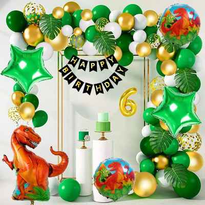 Aoes Dinosaur Theme 6th Birthday Decoration Kit Green, Gold & White Balloon & Banner(Set of 58)