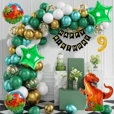 Aoes Dinosaur Theme 9th Birthday Decoration Kit Green, Gold & White Balloon & Banner(Set of 58)