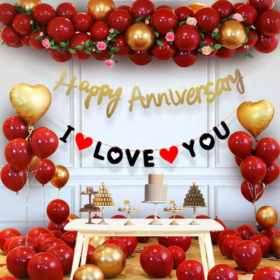 Balloon and you Printed Happy Anniversay Decoration Kit Combo For Husband Wife Couple Balloon(Red, Gold, Pack of 44)