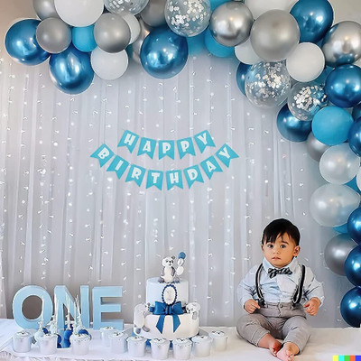PARTY MIDLINKERZ Birthday Decoration kit for Boys with Tulle White net Curtain and Led Light(Set of 66)