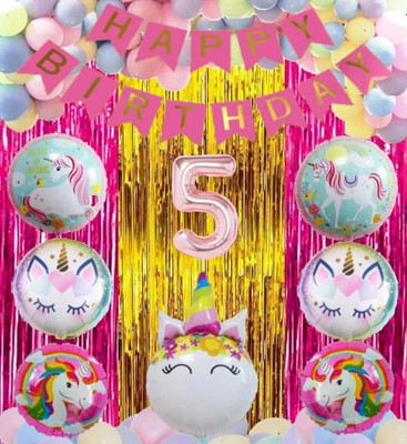 Prihit No 5 Rose Gold Balloons With Unicorn Party Theme Birthday Decoration Items Kit(Set of 52)